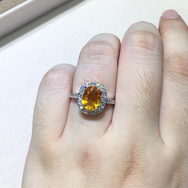 SPARKLING! 2.98TCW Yellow Sapphire & Diamonds in 18K solid handmade white gold ring engagement vintage wedding gift september orange golden