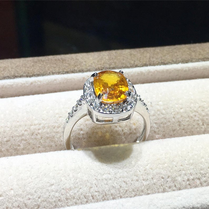 SPARKLING! 2.98TCW Yellow Sapphire & Diamonds in 18K solid handmade white gold ring engagement vintage wedding gift september orange golden