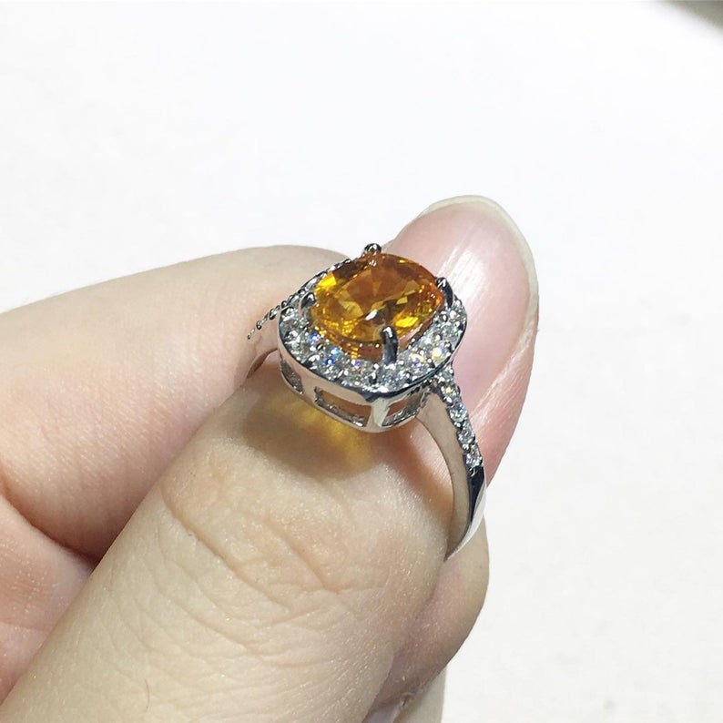 SPARKLING! 2.98TCW Yellow Sapphire & Diamonds in 18K solid handmade white gold ring engagement vintage wedding gift september orange golden