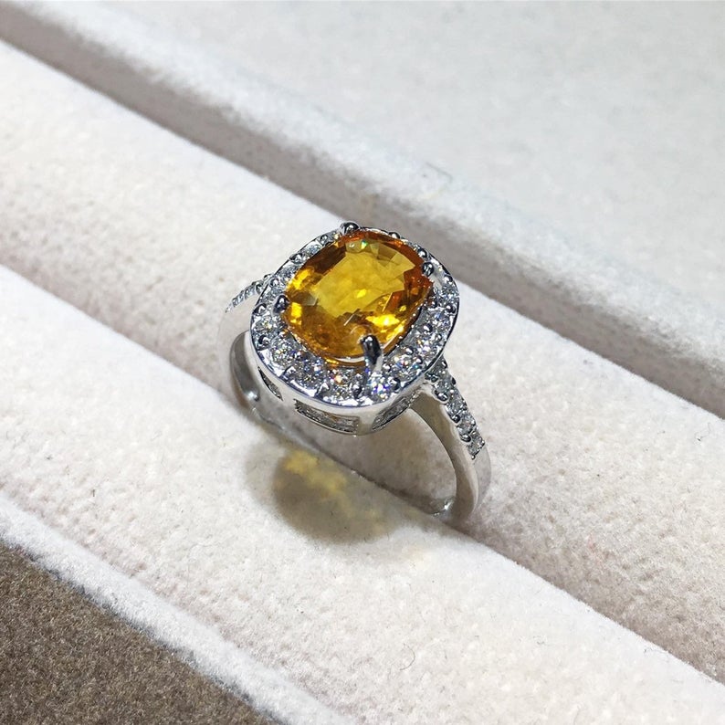 SPARKLING! 2.98TCW Yellow Sapphire & Diamonds in 18K solid handmade white gold ring engagement vintage wedding gift september orange golden