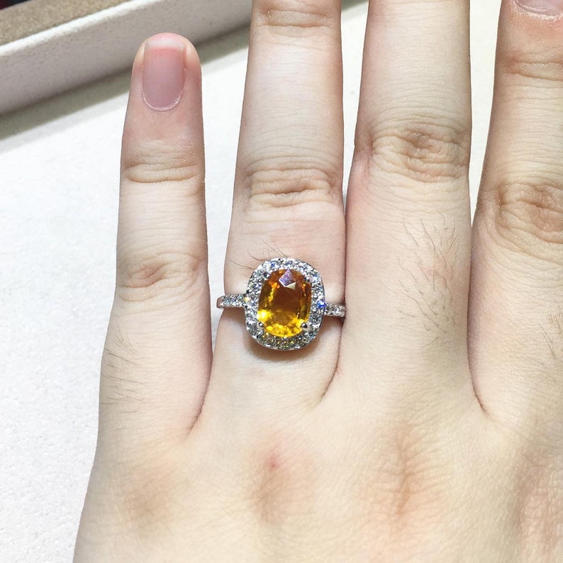 SPARKLING! 2.98TCW Yellow Sapphire & Diamonds in 18K solid handmade white gold ring engagement vintage wedding gift september orange golden