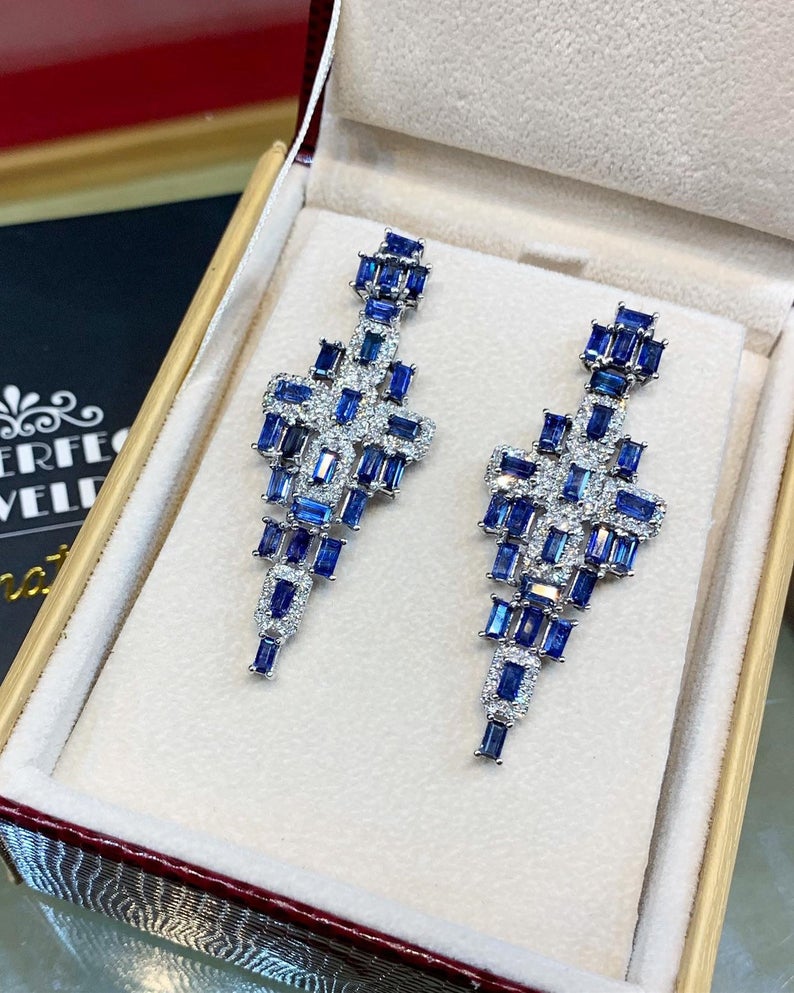 One of a KIND! 9.06TCW Blue Sapphire VS diamonds in 18K solid white gold handmade earrings natural dangle chandelier wedding royal blue huge