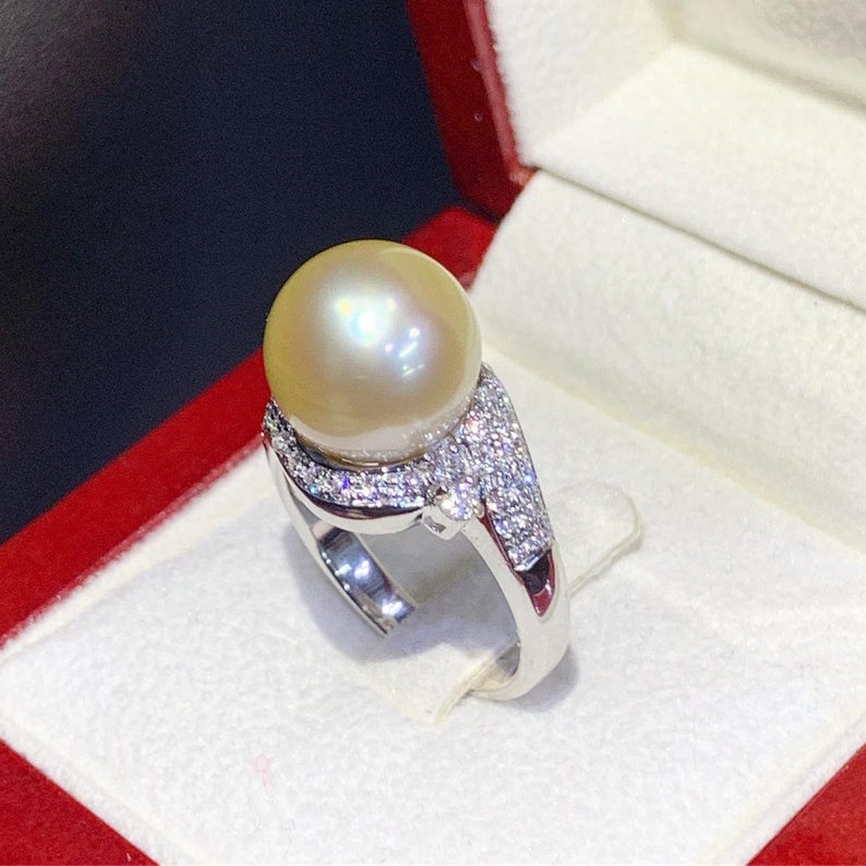 WOW! 12.0mm SOUTH SEA Pearl & 0.90 ct diamonds in 18K handmade solid white gold ring one of a kind handcrafted huge cocktail white australia