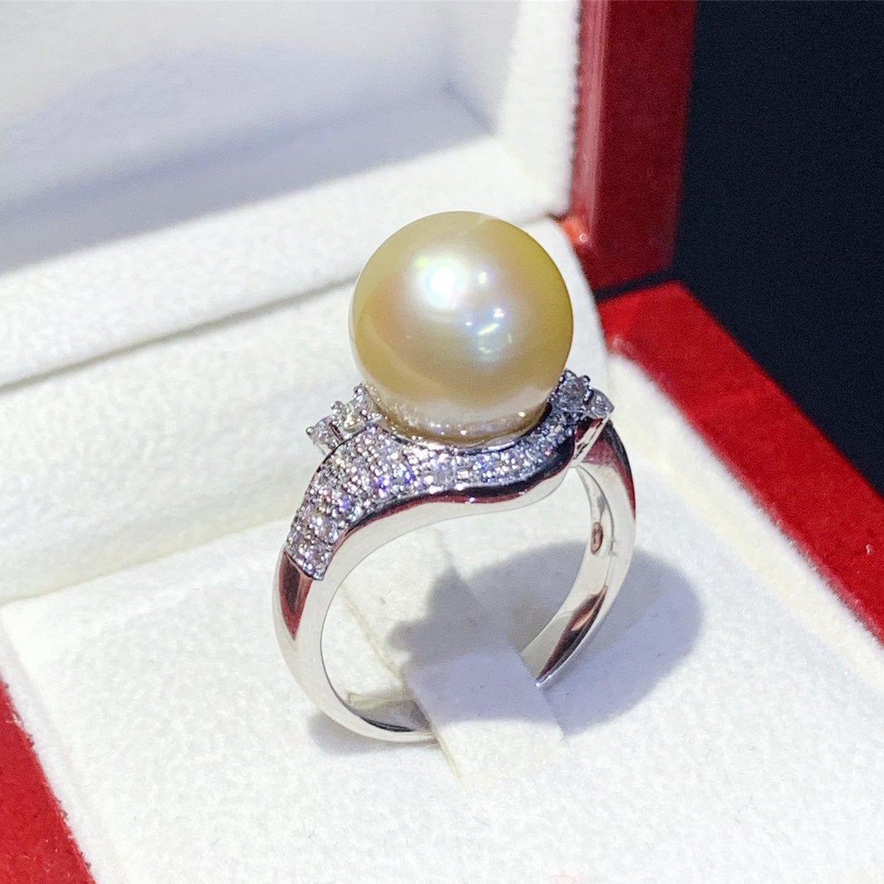 WOW! 12.0mm SOUTH SEA Pearl & 0.90 ct diamonds in 18K handmade solid white gold ring one of a kind handcrafted huge cocktail white australia