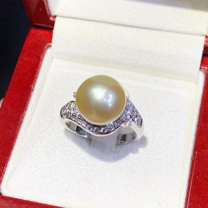 WOW! 12.0mm SOUTH SEA Pearl & 0.90 ct diamonds in 18K handmade solid white gold ring one of a kind handcrafted huge cocktail white australia