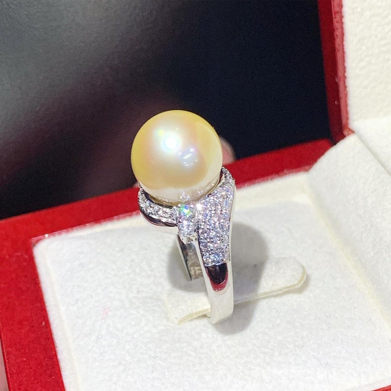 WOW! 12.0mm SOUTH SEA Pearl & 0.90 ct diamonds in 18K handmade solid white gold ring one of a kind handcrafted huge cocktail white australia