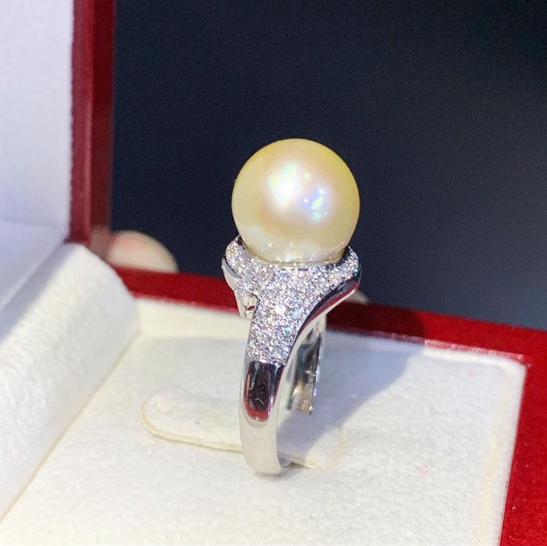 WOW! 12.0mm SOUTH SEA Pearl & 0.90 ct diamonds in 18K handmade solid white gold ring one of a kind handcrafted huge cocktail white australia