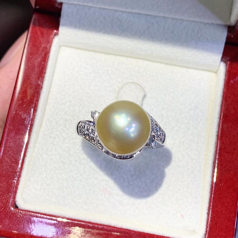 WOW! 12.0mm SOUTH SEA Pearl & 0.90 ct diamonds in 18K handmade solid white gold ring one of a kind handcrafted huge cocktail white australia