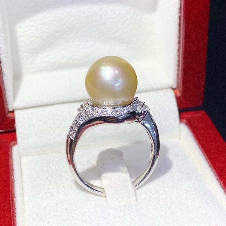 WOW! 12.0mm SOUTH SEA Pearl & 0.90 ct diamonds in 18K handmade solid white gold ring one of a kind handcrafted huge cocktail white australia