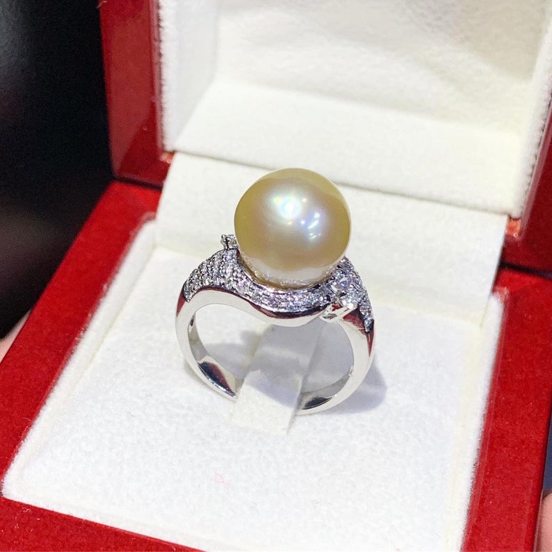 WOW! 12.0mm SOUTH SEA Pearl & 0.90 ct diamonds in 18K handmade solid white gold ring one of a kind handcrafted huge cocktail white australia