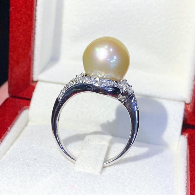 WOW! 12.0mm SOUTH SEA Pearl & 0.90 ct diamonds in 18K handmade solid white gold ring one of a kind handcrafted huge cocktail white australia