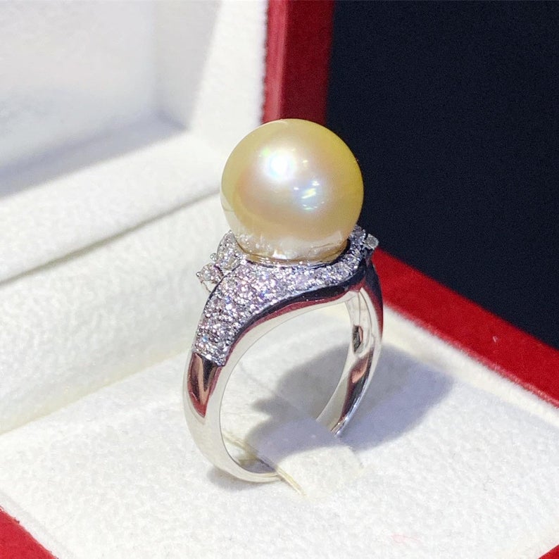 WOW! 12.0mm SOUTH SEA Pearl & 0.90 ct diamonds in 18K handmade solid white gold ring one of a kind handcrafted huge cocktail white australia