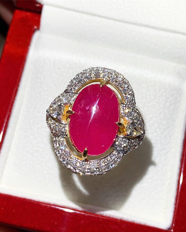 BURMESE 12.28TCW Natural Ruby Diamonds in 18K solid white gold ring cabochon engagement BURMA certified modern wedding july cocktail huge