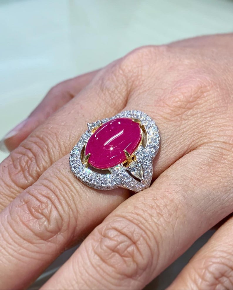 BURMESE 12.28TCW Natural Ruby Diamonds in 18K solid white gold ring cabochon engagement BURMA certified modern wedding july cocktail huge