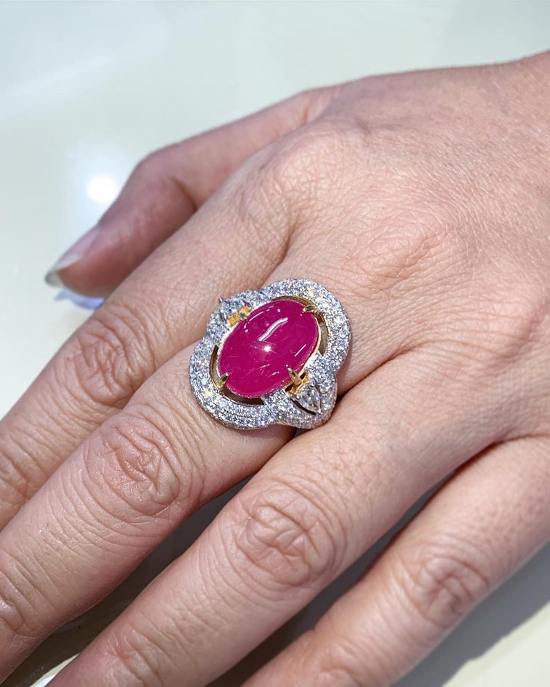 BURMESE 12.28TCW Natural Ruby Diamonds in 18K solid white gold ring cabochon engagement BURMA certified modern wedding july cocktail huge