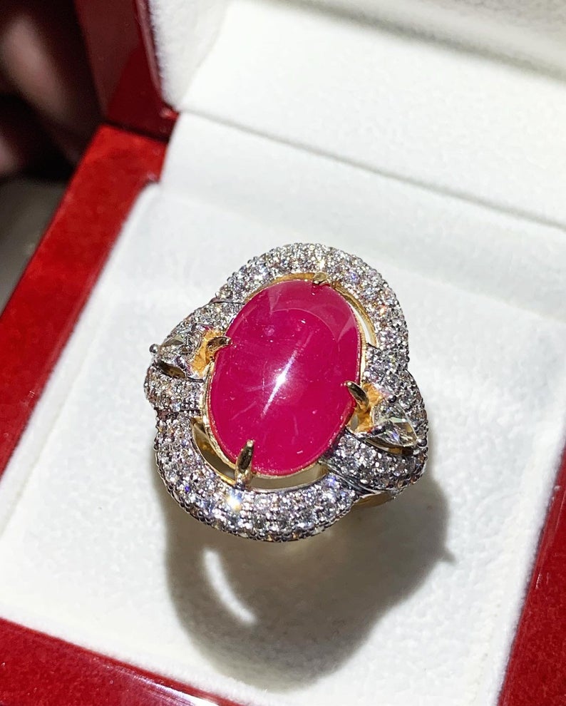 BURMESE 12.28TCW Natural Ruby Diamonds in 18K solid white gold ring cabochon engagement BURMA certified modern wedding july cocktail huge