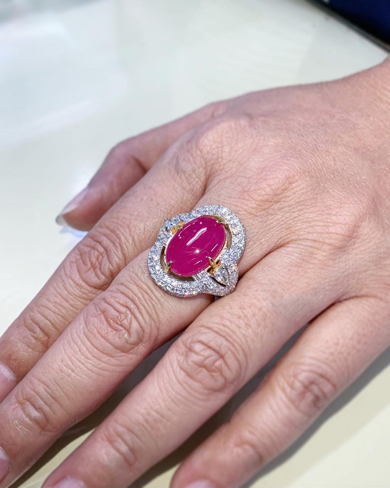 BURMESE 12.28TCW Natural Ruby Diamonds in 18K solid white gold ring cabochon engagement BURMA certified modern wedding july cocktail huge