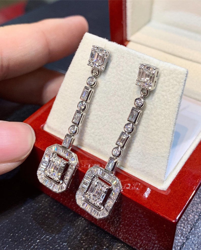 2.82TCW Emerald Cut Diamond Illusion Natural 18K solid white gold handmade earrings dangling wedding gift retacgular invisible chandelier