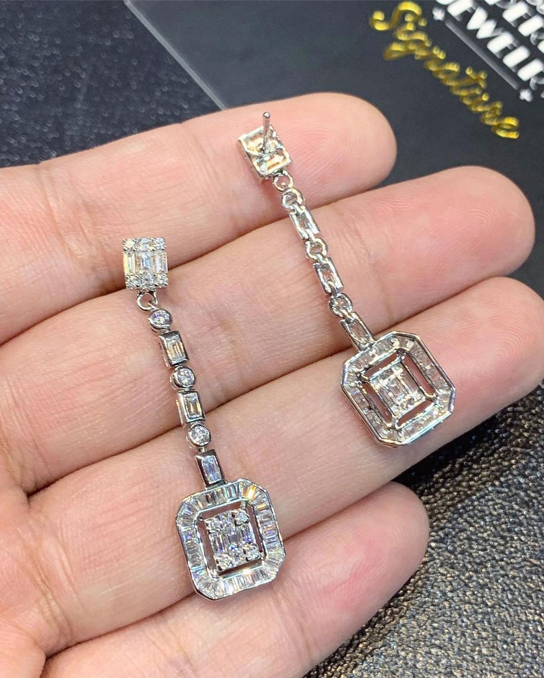 2.82TCW Emerald Cut Diamond Illusion Natural 18K solid white gold handmade earrings dangling wedding gift retacgular invisible chandelier