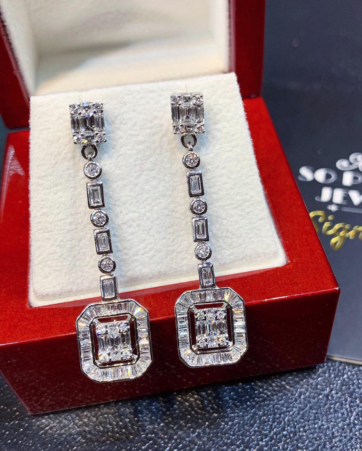 2.82TCW Emerald Cut Diamond Illusion Natural 18K solid white gold handmade earrings dangling wedding gift retacgular invisible chandelier