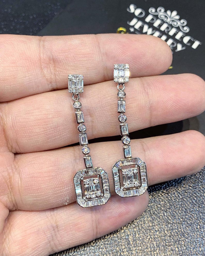 2.82TCW Emerald Cut Diamond Illusion Natural 18K solid white gold handmade earrings dangling wedding gift retacgular invisible chandelier