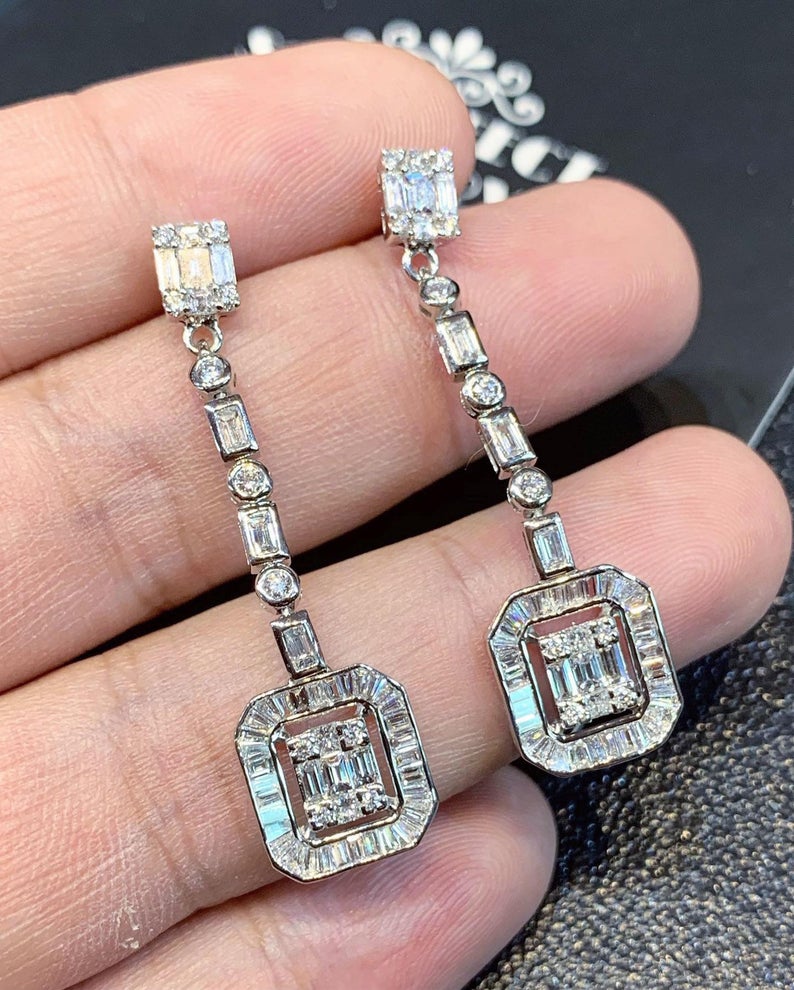 2.82TCW Emerald Cut Diamond Illusion Natural 18K solid white gold handmade earrings dangling wedding gift retacgular invisible chandelier