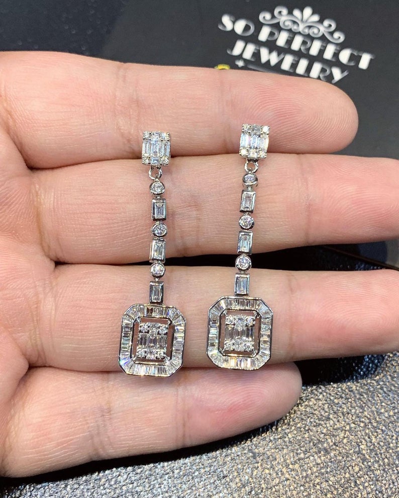 2.82TCW Emerald Cut Diamond Illusion Natural 18K solid white gold handmade earrings dangling wedding gift retacgular invisible chandelier