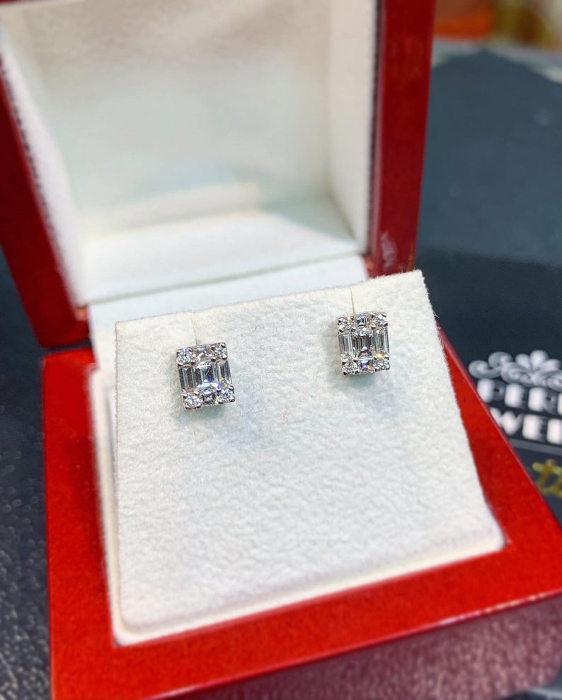 0.57TCW Emerald Cut Diamond Illusion Setting Natural 18K solid white gold handmade earrings studs wedding gift sqaure retacgular invisible