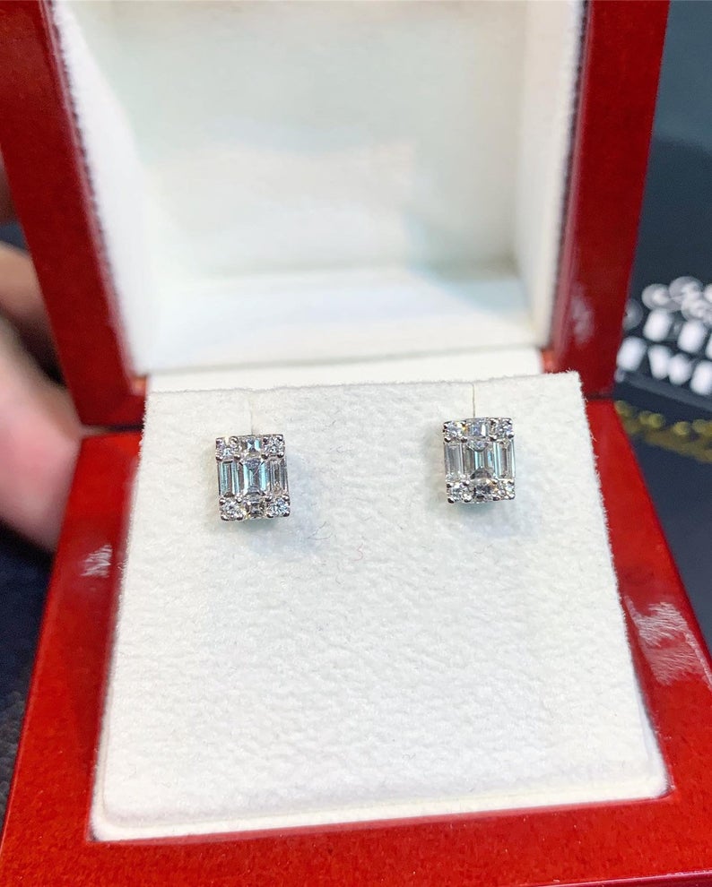 0.57TCW Emerald Cut Diamond Illusion Setting Natural 18K solid white gold handmade earrings studs wedding gift sqaure retacgular invisible