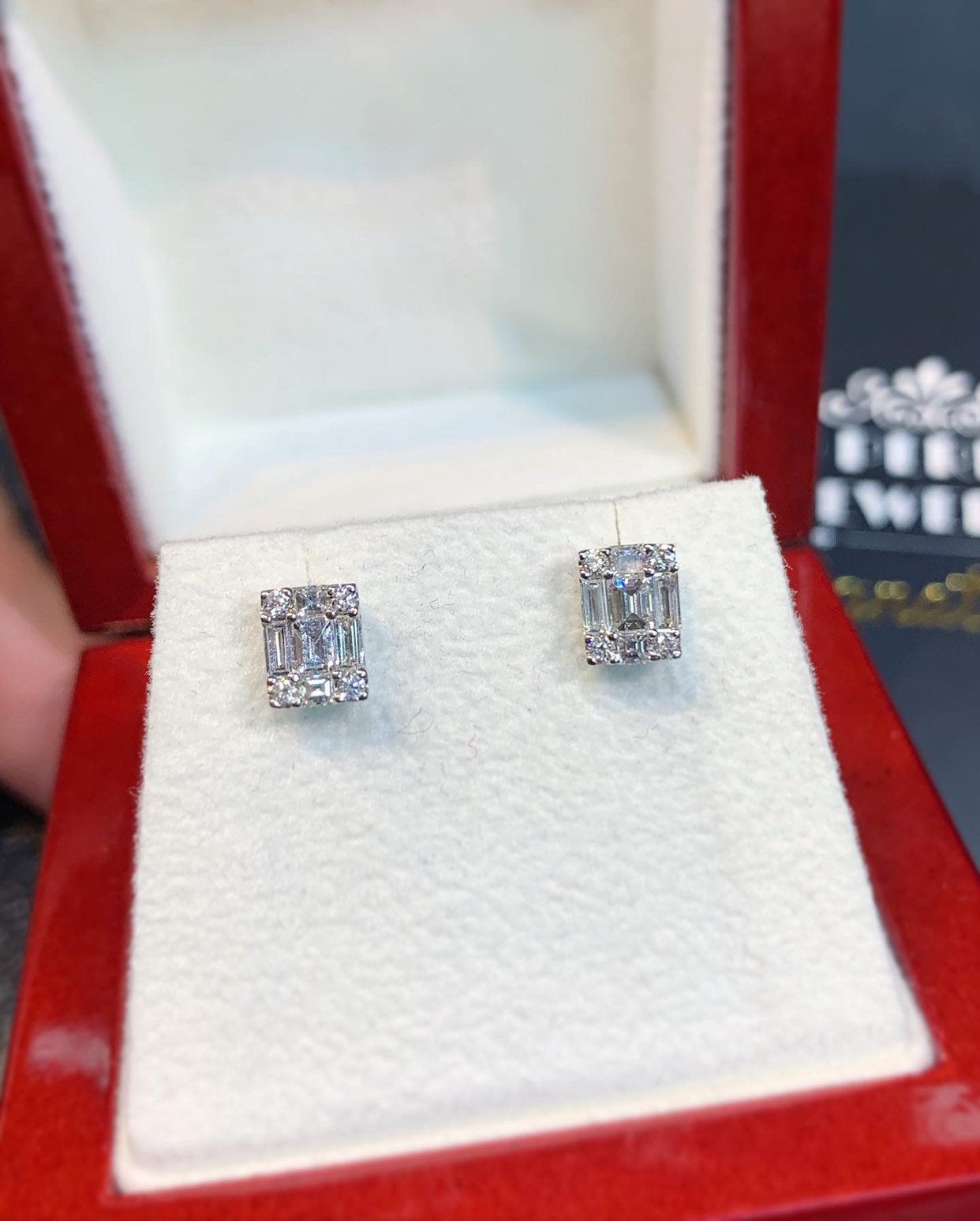 0.57TCW Emerald Cut Diamond Illusion Setting Natural 18K solid white gold handmade earrings studs wedding gift sqaure retacgular invisible