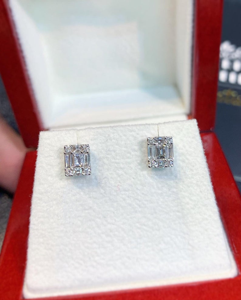 0.57TCW Emerald Cut Diamond Illusion Setting Natural 18K solid white gold handmade earrings studs wedding gift sqaure retacgular invisible