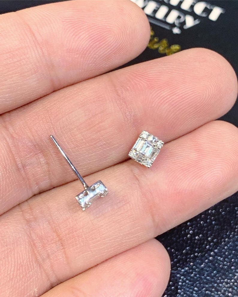 0.57TCW Emerald Cut Diamond Illusion Setting Natural 18K solid white gold handmade earrings studs wedding gift sqaure retacgular invisible