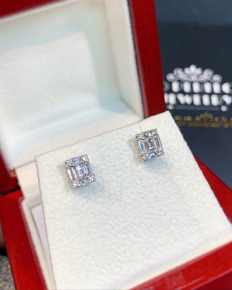 0.57TCW Emerald Cut Diamond Illusion Setting Natural 18K solid white gold handmade earrings studs wedding gift sqaure retacgular invisible