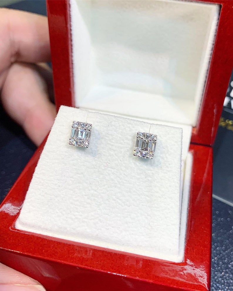 0.57TCW Emerald Cut Diamond Illusion Setting Natural 18K solid white gold handmade earrings studs wedding gift sqaure retacgular invisible