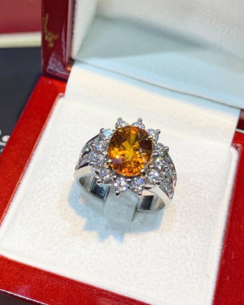 SPARKLING 7.09TCW Orange Sapphire & Diamonds in 18K solid white gold handmade ring ceylon thai certified engagement modern natural cocktail