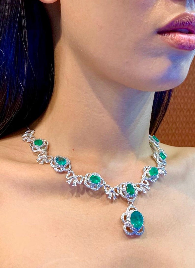 LOVELY! 33.11TCW Emerald Necklace huge set Natural VS Diamond 18K solid white gold pendant chain luxury high jewelry colombian zambian