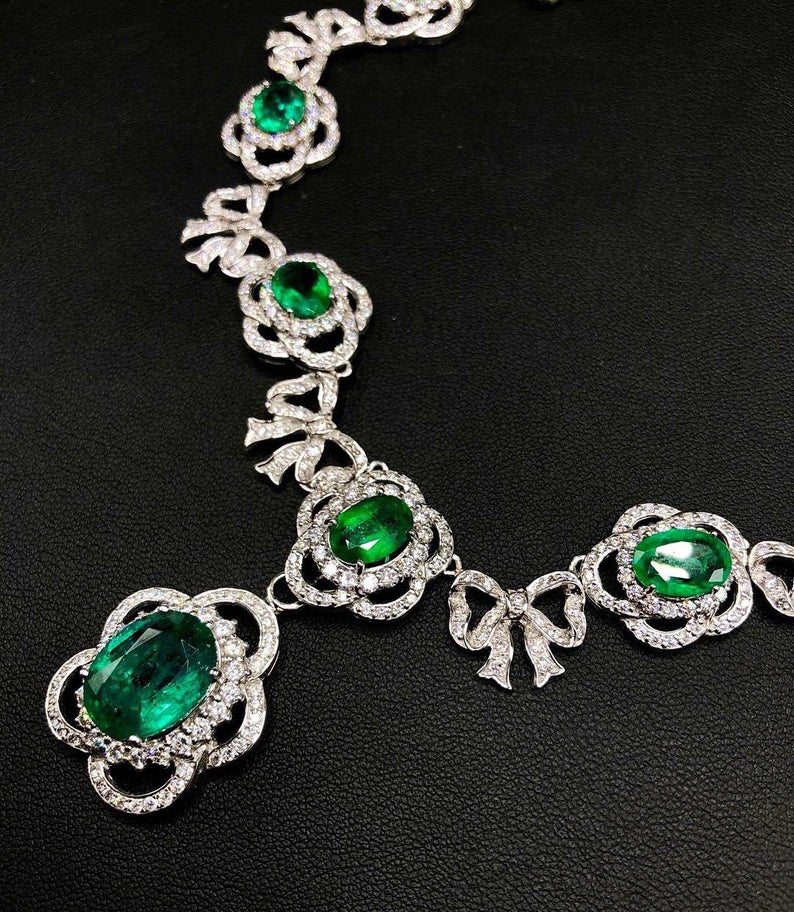 LOVELY! 33.11TCW Emerald Necklace huge set Natural VS Diamond 18K solid white gold pendant chain luxury high jewelry colombian zambian