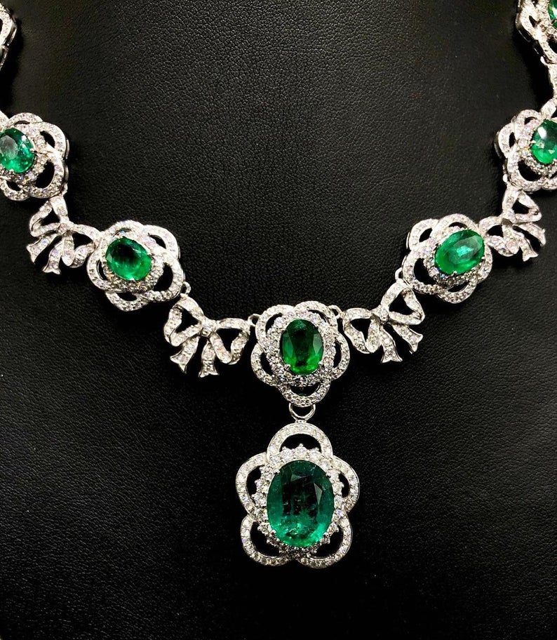 LOVELY! 33.11TCW Emerald Necklace huge set Natural VS Diamond 18K solid white gold pendant chain luxury high jewelry colombian zambian