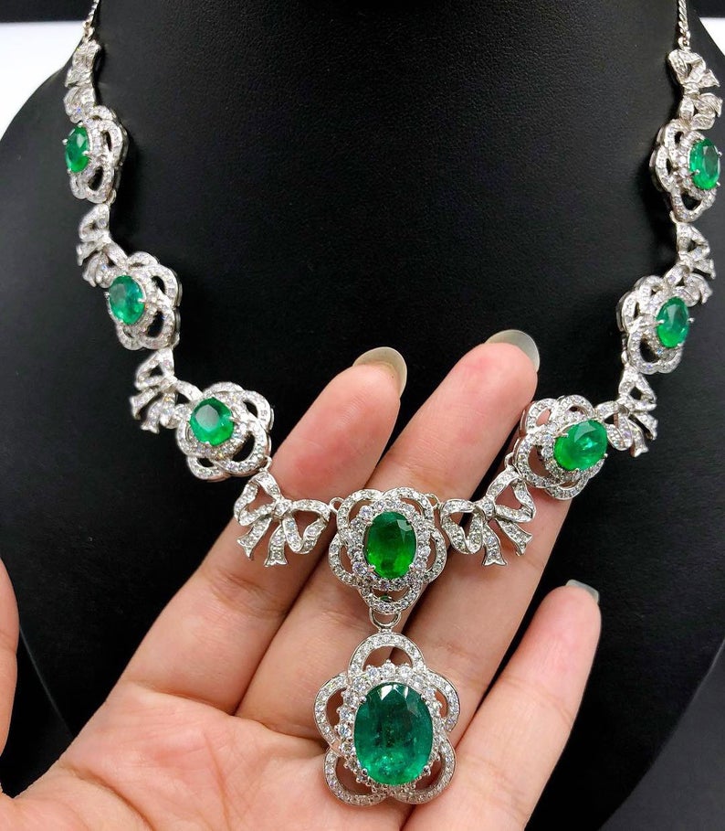 LOVELY! 33.11TCW Emerald Necklace huge set Natural VS Diamond 18K solid white gold pendant chain luxury high jewelry colombian zambian