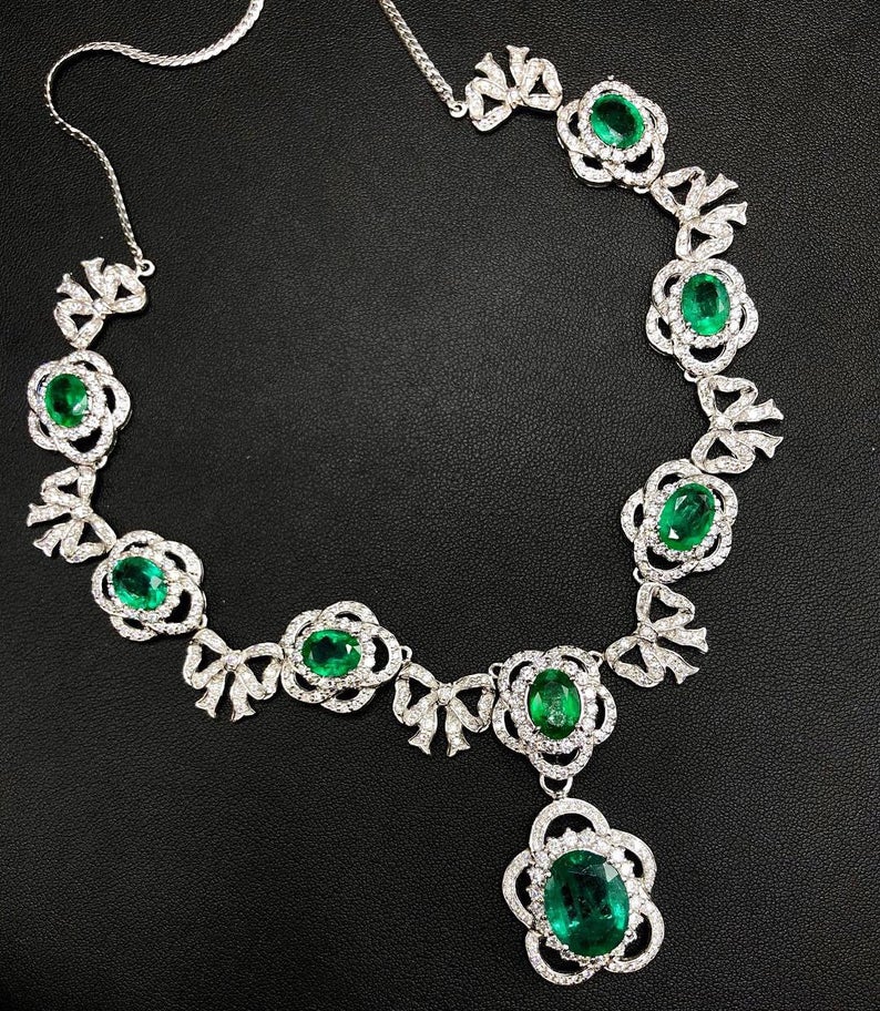 LOVELY! 33.11TCW Emerald Necklace huge set Natural VS Diamond 18K solid white gold pendant chain luxury high jewelry colombian zambian