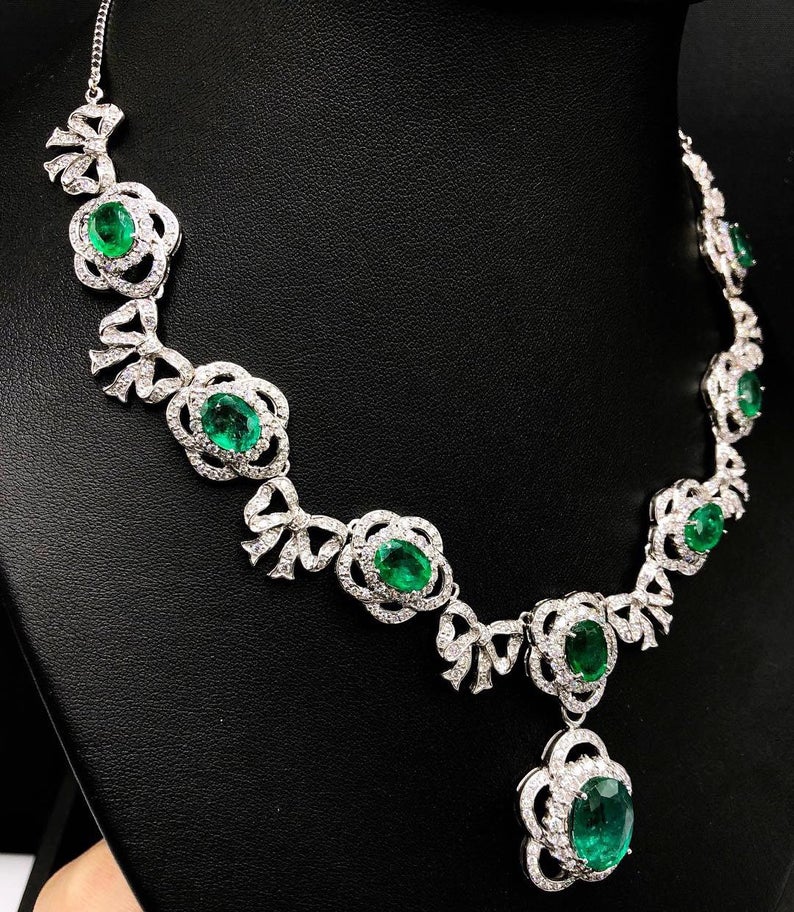 LOVELY! 33.11TCW Emerald Necklace huge set Natural VS Diamond 18K solid white gold pendant chain luxury high jewelry colombian zambian