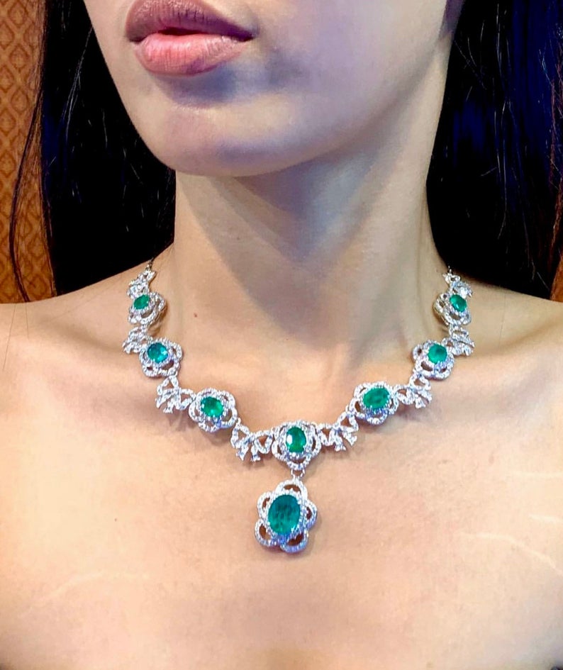 LOVELY! 33.11TCW Emerald Necklace huge set Natural VS Diamond 18K solid white gold pendant chain luxury high jewelry colombian zambian