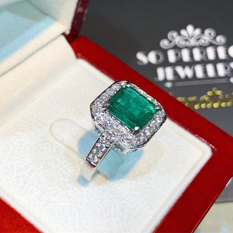 STUNNING! 2.53TCW Emerald VS Diamond 18k solid white gold ring engagement wedding colombian zambian Double halo modern natural art deco big