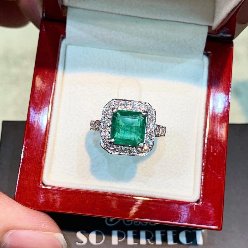 STUNNING! 2.53TCW Emerald VS Diamond 18k solid white gold ring engagement wedding colombian zambian Double halo modern natural art deco big