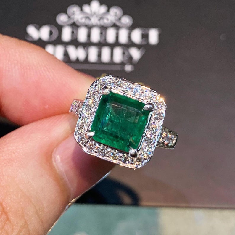 STUNNING! 2.53TCW Emerald VS Diamond 18k solid white gold ring engagement wedding colombian zambian Double halo modern natural art deco big