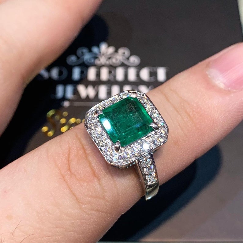 STUNNING! 2.53TCW Emerald VS Diamond 18k solid white gold ring engagement wedding colombian zambian Double halo modern natural art deco big