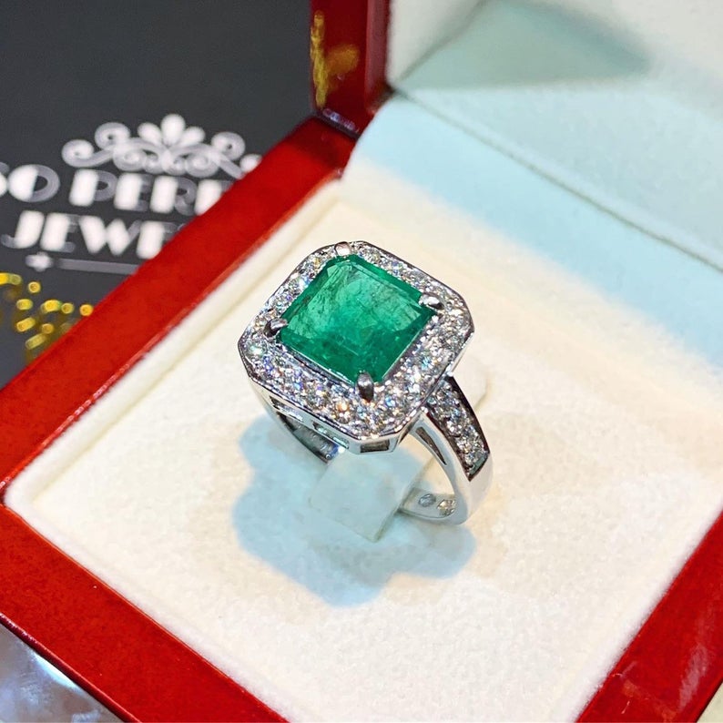 STUNNING! 2.53TCW Emerald VS Diamond 18k solid white gold ring engagement wedding colombian zambian Double halo modern natural art deco big