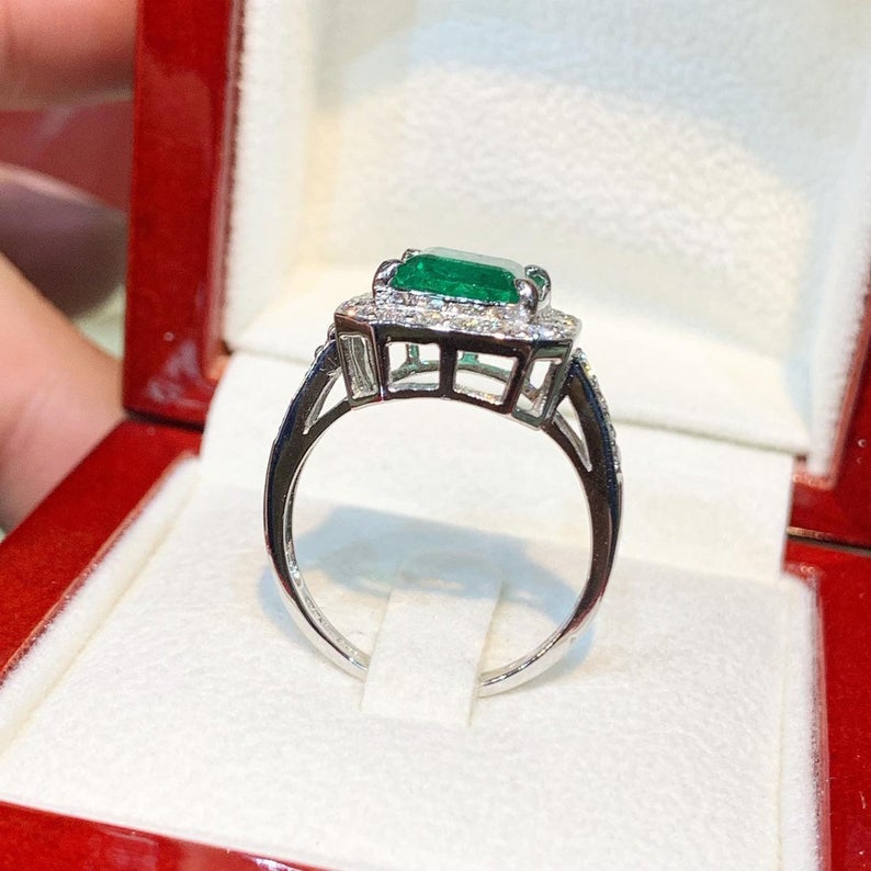 STUNNING! 2.53TCW Emerald VS Diamond 18k solid white gold ring engagement wedding colombian zambian Double halo modern natural art deco big