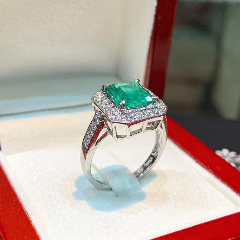 STUNNING! 2.53TCW Emerald VS Diamond 18k solid white gold ring engagement wedding colombian zambian Double halo modern natural art deco big