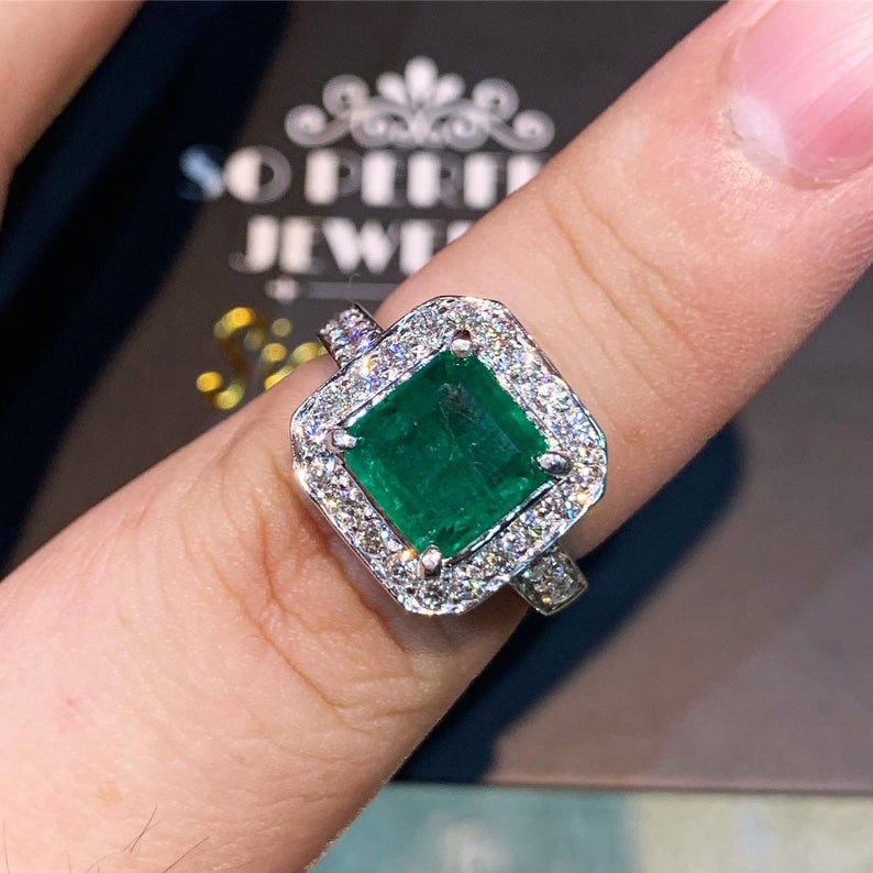 STUNNING! 2.53TCW Emerald VS Diamond 18k solid white gold ring engagement wedding colombian zambian Double halo modern natural art deco big